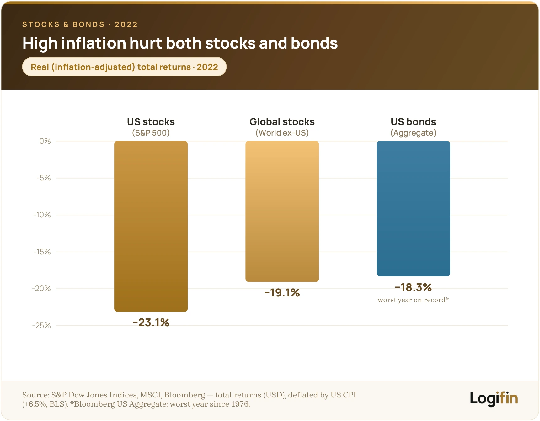 2022 real (inflation-adjusted) total returns: US stocks (S&P 500) −23.1%, global stocks (World ex-US) −19.1%, US bonds (Bloomberg Aggregate) −18.3%.