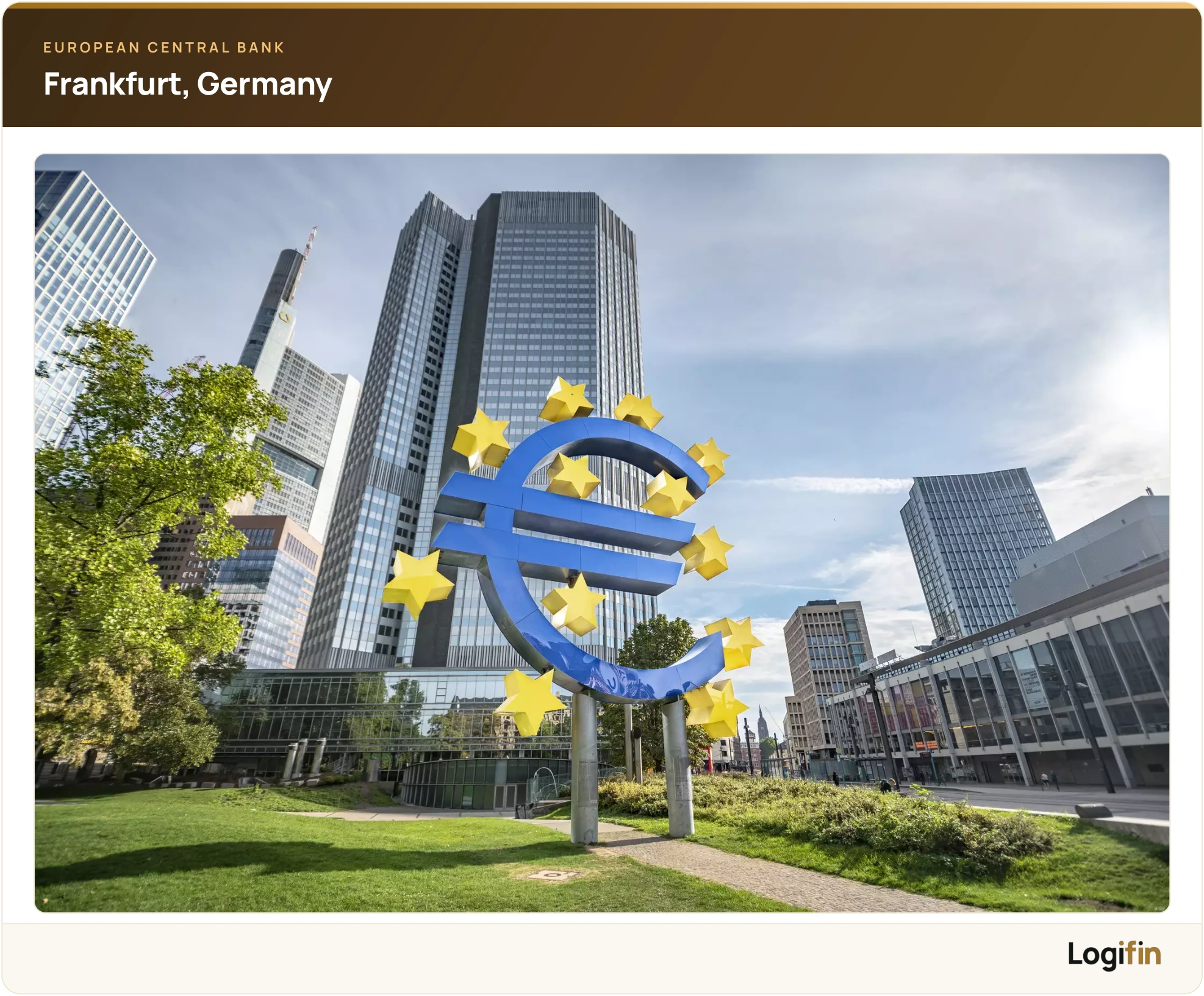 The euro sign sculpture in front of the European Central Bank's former Eurotower in Frankfurt, Germany.