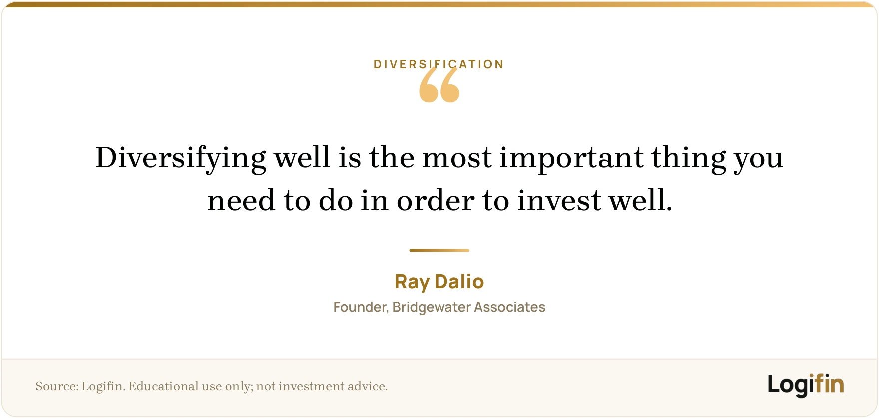 Ray Dalio quote on a Logifin card: diversifying well is the most important thing you need to do in order to invest well.