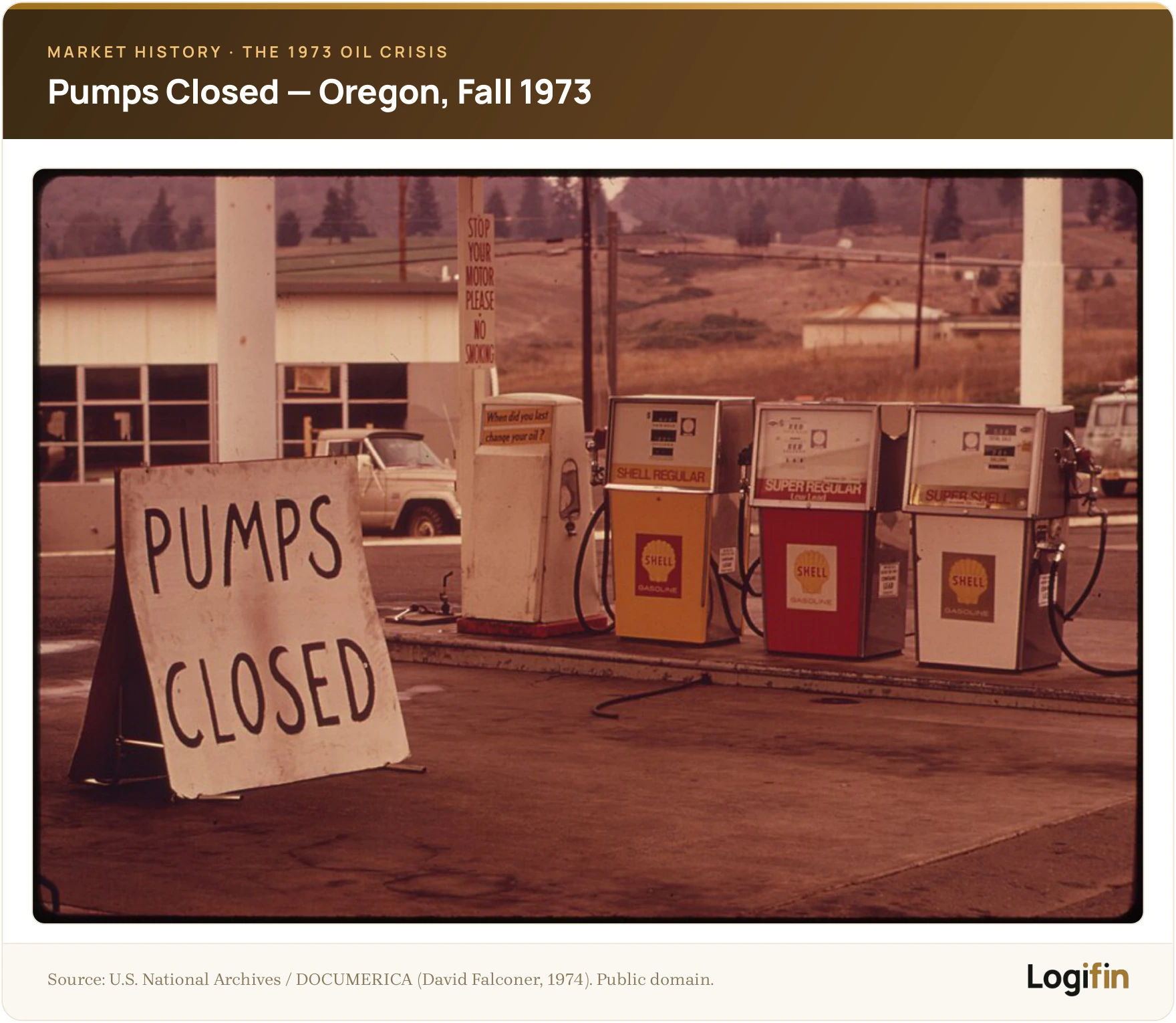 Pumps Closed sign at an Oregon gas station during the 1973 oil crisis; vintage Shell pumps shut during the fuel shortage.