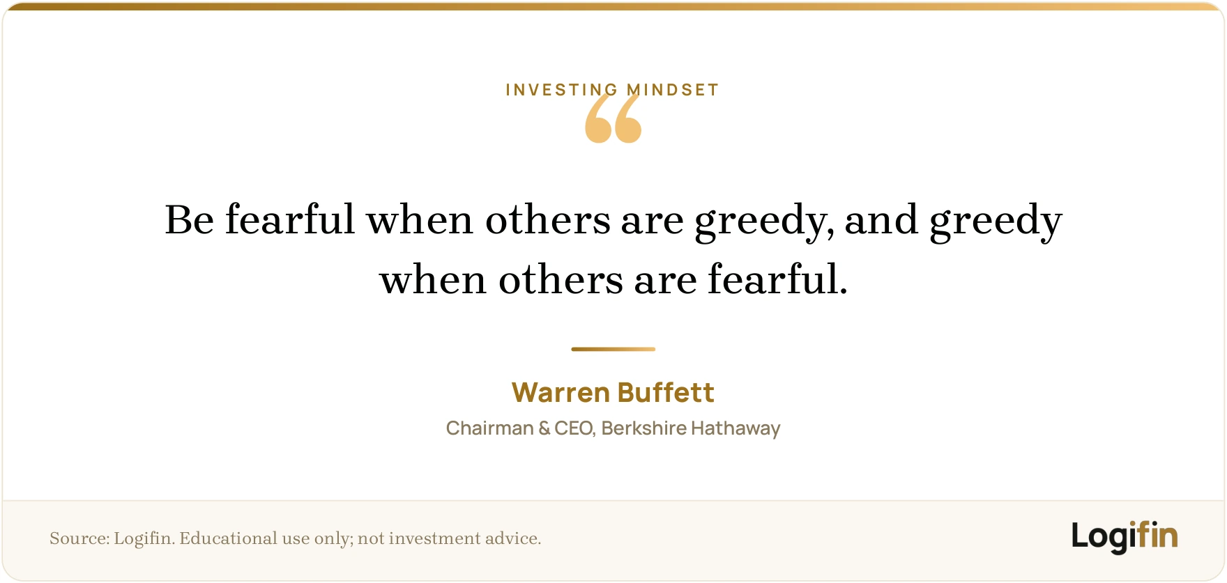 Warren Buffett quote to be fearful when others are greedy and greedy when others are fearful, on a Logifin branded card