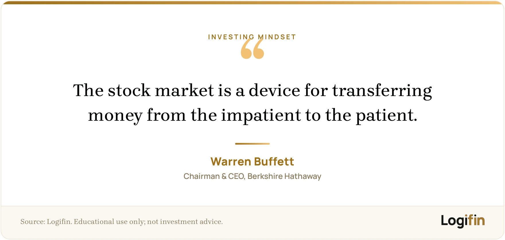 Warren Buffett quote on patience in investing: the stock market transfers money from the impatient to the patient, on a Logifin branded card