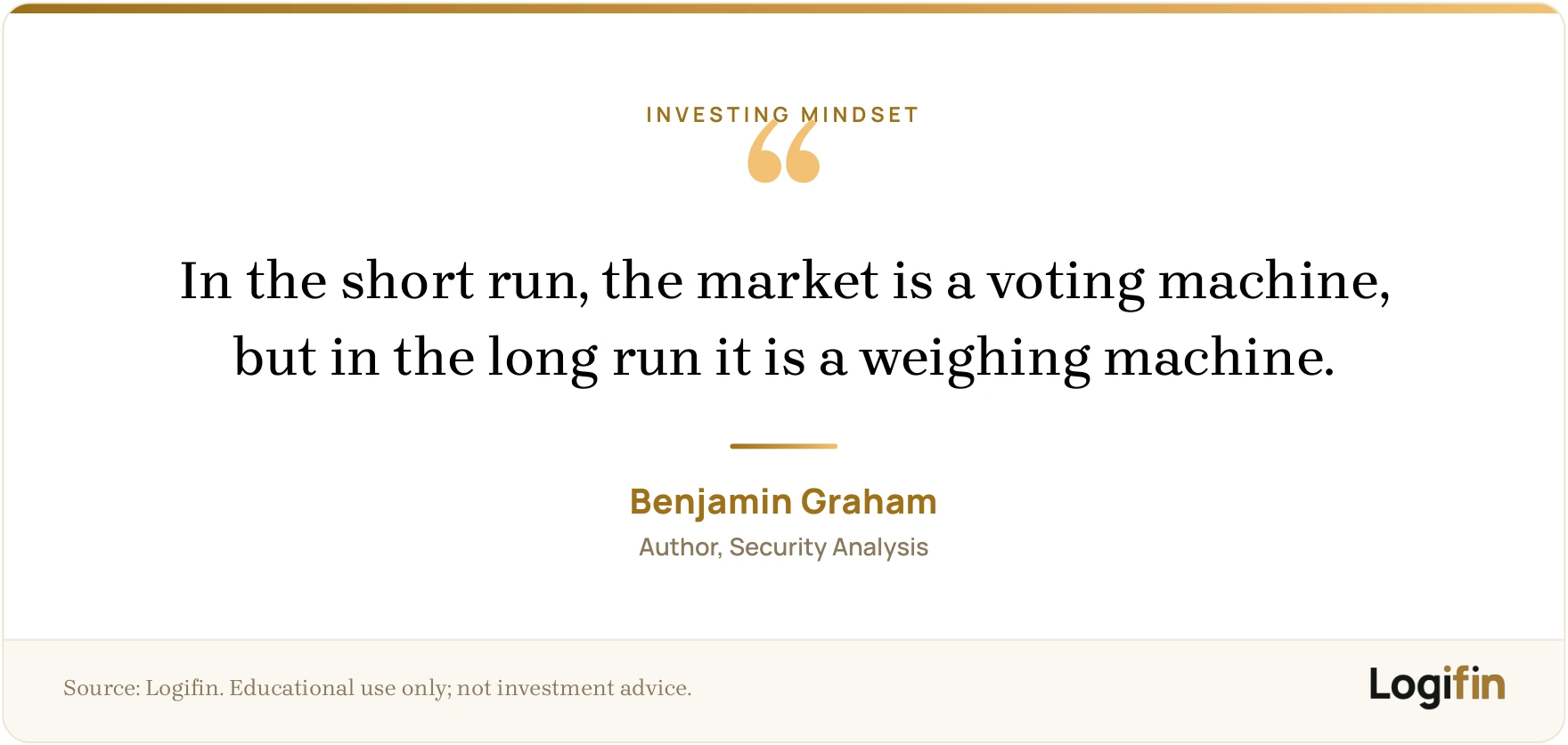 Benjamin Graham quote that in the short run the market is a voting machine but in the long run a weighing machine, on a Logifin branded card