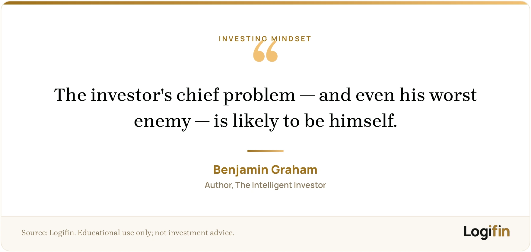 Benjamin Graham quote that the investor's chief problem and worst enemy is likely to be himself, on a Logifin branded card
